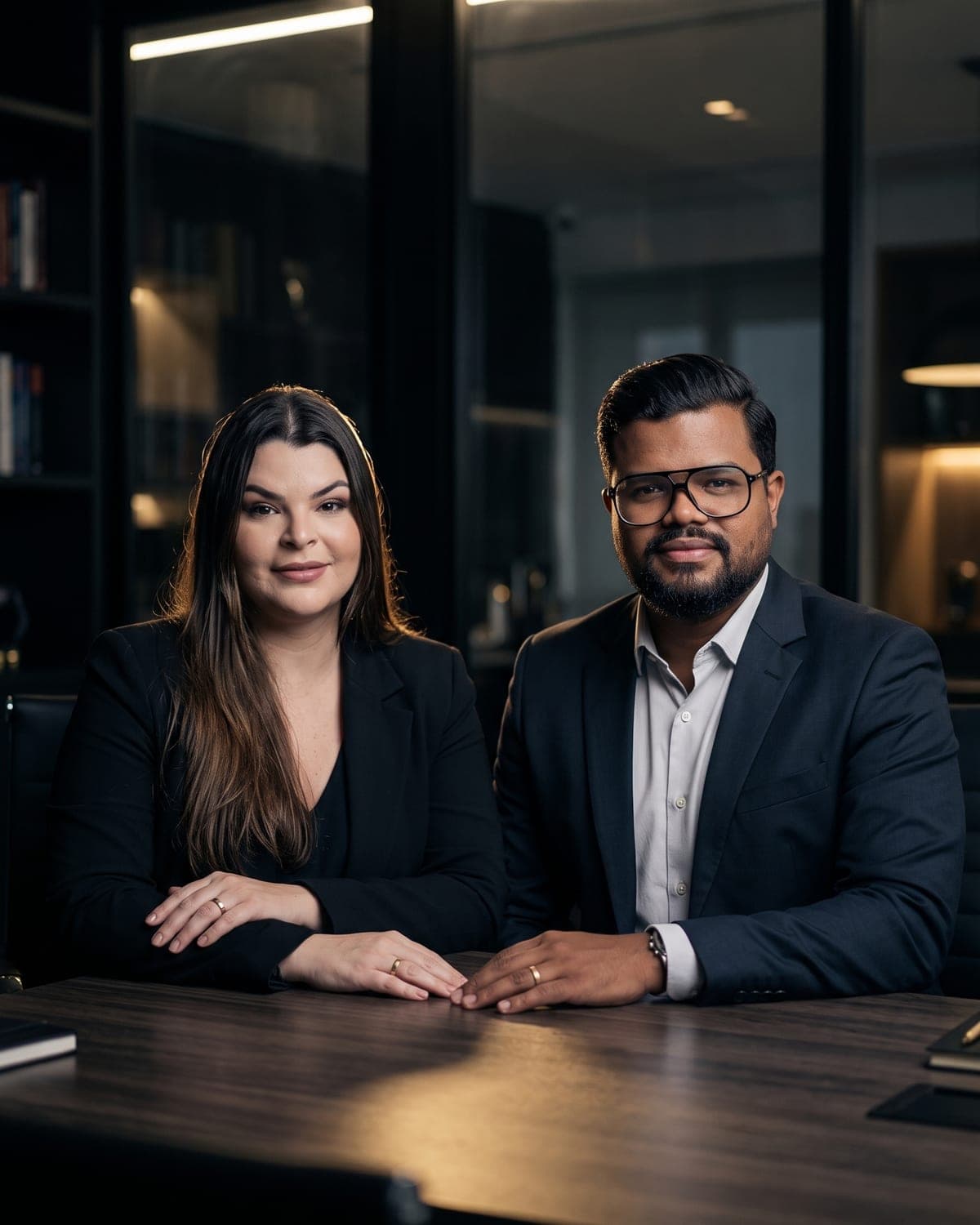 Victor e Paula, da Casal Consórcio, sentados lado a lado num escritório escuro, olhando para a câmera